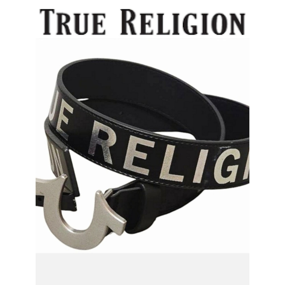 True Religion Holographic Sage Logo Horseshoe Buckle Belt
